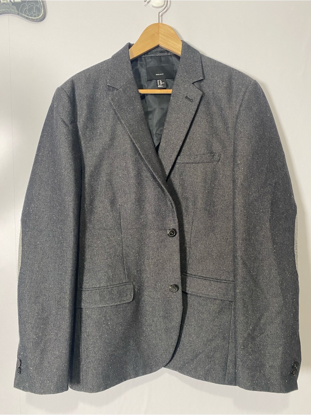 H&M Men's Regular Fit Blazer Sport Coat Gray Elbow Patch Cotton Wool Blend 44R